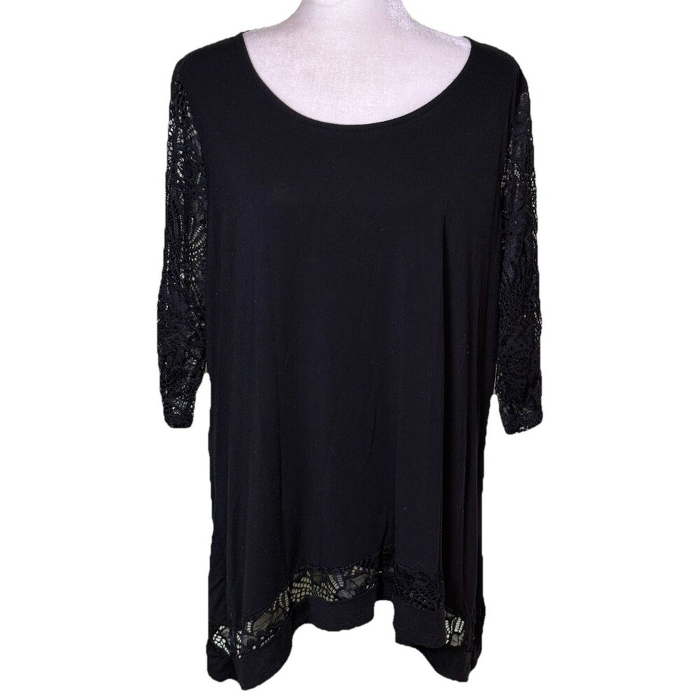 Women Black Lace‎ 3/4 Sleeve Tunic Top Romantic Goth Flowy Moody Chic Size XL
